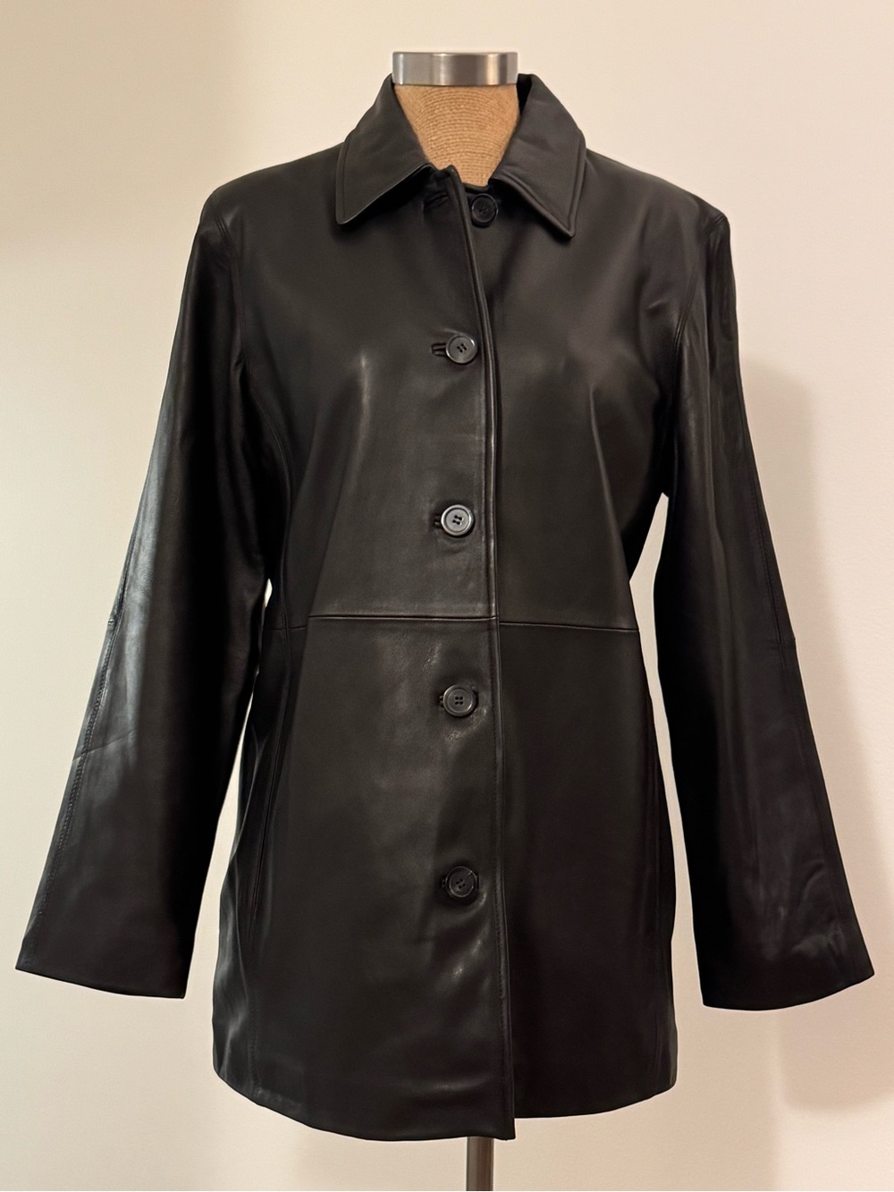 Women's Black Leather Button-Front Jacket